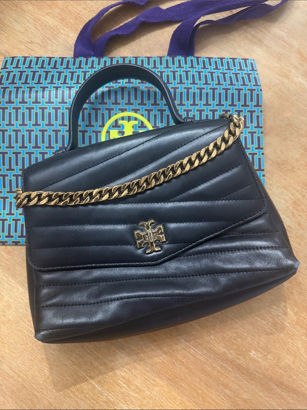 Tory Burch Kira Chevron Leather Top Handle Satchel 2 Way Shoulder Bag Black Gold